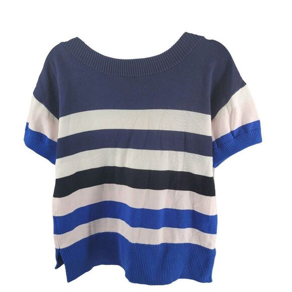 Cabi Blue Sweater Short Sleeve Stripe Buttons Small Sailor Navy White Stripes - Picture 2 of 5